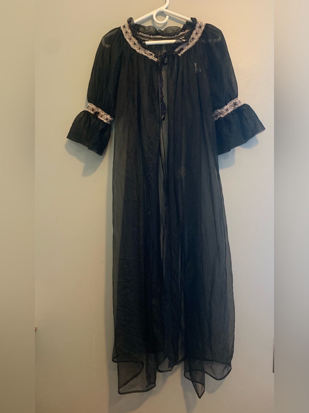 Vintage 1970s black sheer nylon chiffon peignoir robe